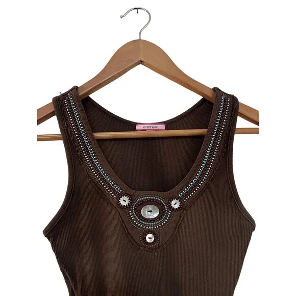 Vintage Energie Women's Boho Y2K Brown Ribbed Tank Top W/ Beaded Embellishment M - Picture 9 of 9